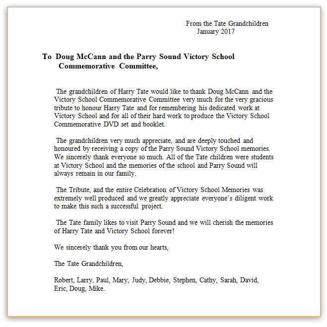 Thank You Letter from Harry Tate Granchildren